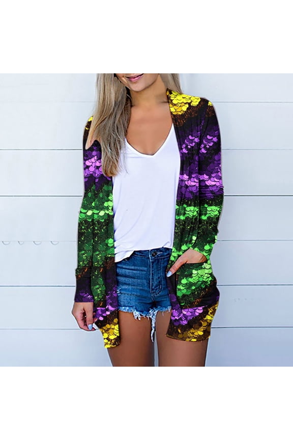 Mardi Gras Womens Long Cardigan Duster Sweater with Pocket Striped Print Holiday Open Front Cardigan Long Sleeve Lightweight Festival Outwear Summer Beach Sweaters 2XL