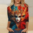 thumbnail image 1 of Cavosen Mardi Gras Womens Shirts 3/4 Length Sleeves Holiday Carnival Round Neck Tops Mask Graphic Print Shirts Festival Novelty Blouse Casual Athletic T-Shirts Party Shrove Tuesday 2XL, 1 of 5