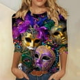 thumbnail image 1 of Cavosen Mardi Gras Womens Shirts Three Quarter Sleeve Holiday Carnival Crewneck Blouse Mask Graphic Print Tops Festival Trendy Shirts Casual Athletic T-Shirts Party Shrove Tuesday L, 1 of 5
