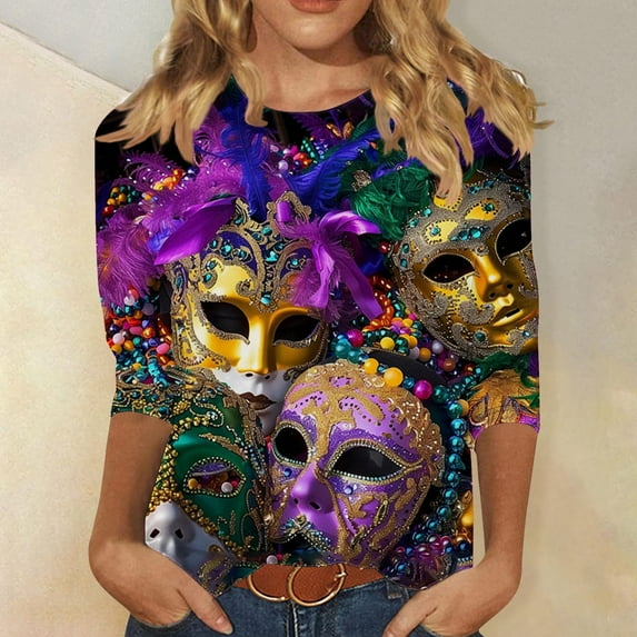 Cavosen Mardi Gras Womens Shirts Three Quarter Sleeve Holiday Carnival Crewneck Blouse Mask Graphic Print Tops Festival Trendy Shirts Casual Athletic T-Shirts Party Shrove Tuesday L