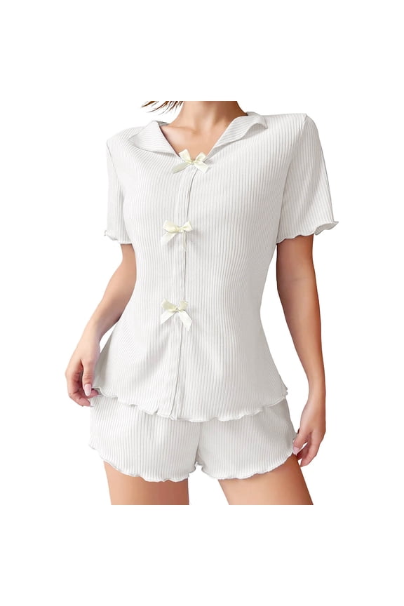 Matching Set 2 Piece Knit Short Sleeves Lapel Breathable Pajama Set Lightweight Nightwear Bow Cute Sleepwear
