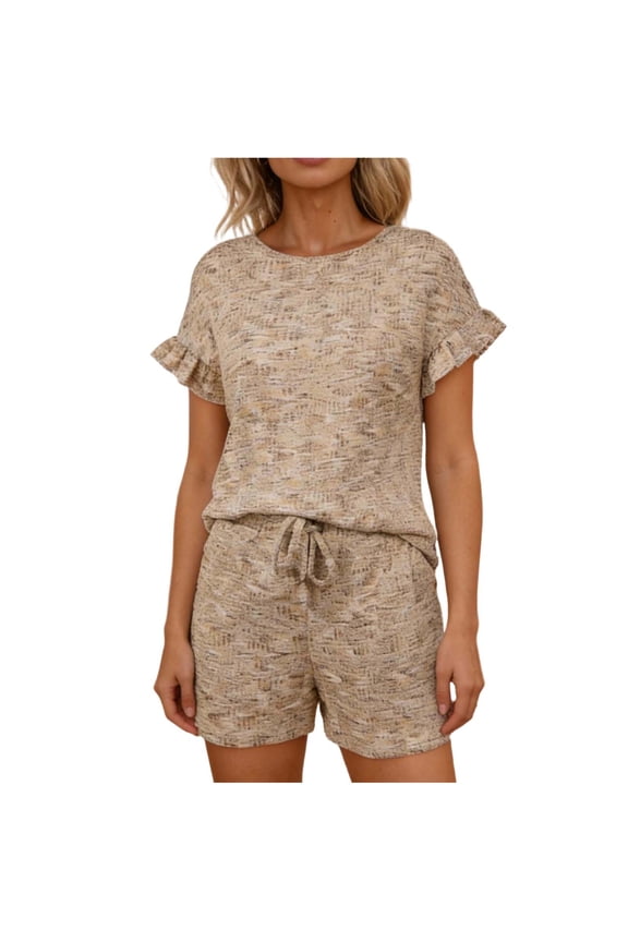 Matching Set Summer 2 Piece Short Sleeves Crew Neck Breathable Pajama Set with Pocket Ruffle Loungewear Classic Sleepwear