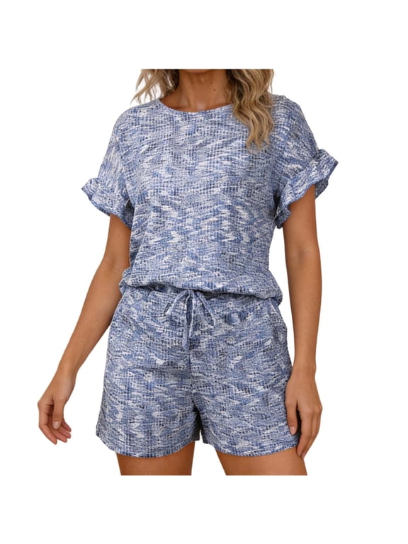 Matching Set Summer 2 Piece Short Sleeves Crew Neck Breathable Pajama Set with Pocket Ruffle Loungewear Classic Sleepwear