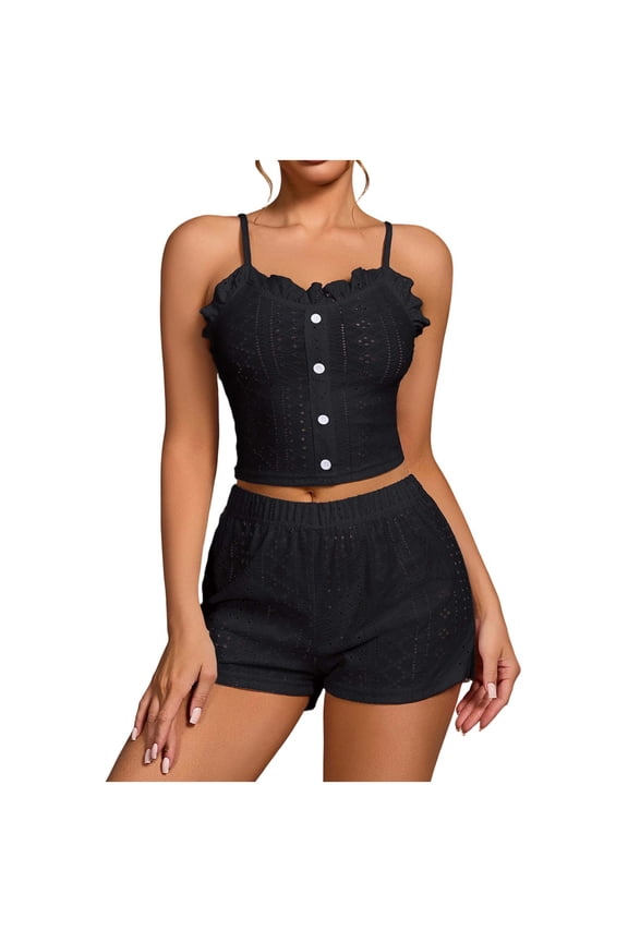 Matching Sets Summer 2 Piece Smocking Camisole Soft Pajama Set Button Down Ruffle Loungewear Solid Elegant Sleepwear