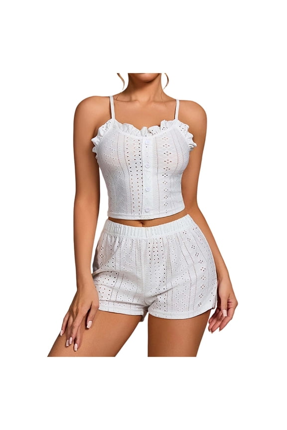 Matching Sets Summer 2 Piece Smocking Camisole Soft Pajama Set Button Down Ruffle Loungewear Solid Elegant Sleepwear