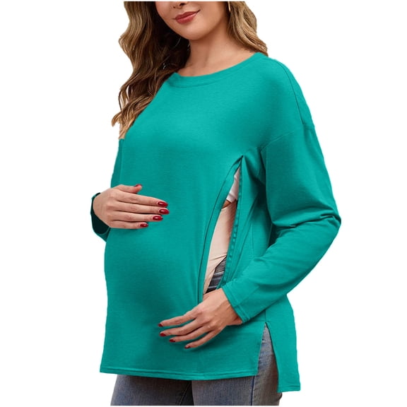 Cavosen Maternity Clothes for Women Crew Neck Long Sleeve Pregnancy Shirts Hidden Zipper Stretchy Tunic Blouse Fall Soft Nursing Tops