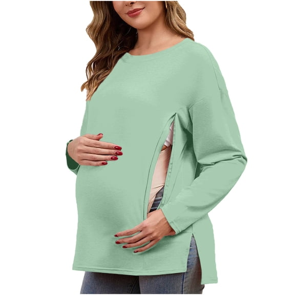 Cavosen Maternity Clothes for Women Crew Neck Long Sleeve Pregnancy Shirts Hidden Zipper Stretchy Tunic Blouse Fall Soft Nursing Tops