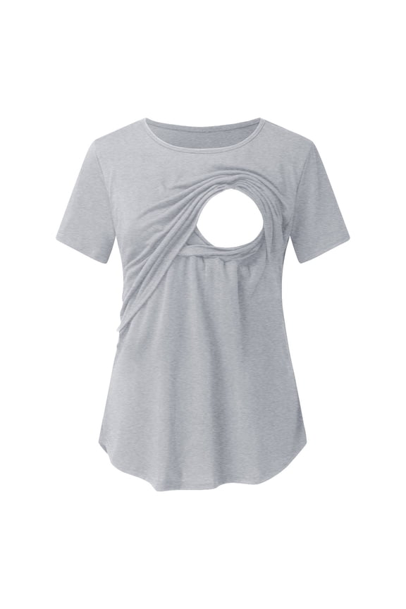 Maternity Shirts Short Sleeve Over Belly Double Laye Maternity Shirt Crewneck Breastfeeding Comfortable Blouses Flowy Tunic Postpartum Summer Clothes