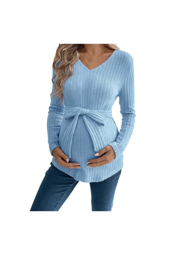 Maternity Sweatshirt Crew Neck Ribbed Knit Long Sleeve Pregnancy Tee Tops Stretchy Tunic Blouse Fall Soft Workout Clothes