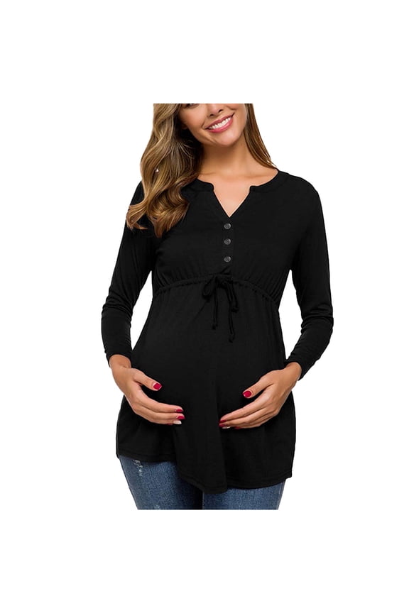 Maternity V Neck Long Sleeve Shirts Over Belly Ruched Adjustable Maternity Shirt Breastfeeding Button Down Comfortable Blouses Flowy A Line Tunic Postpartum Workout Clothes