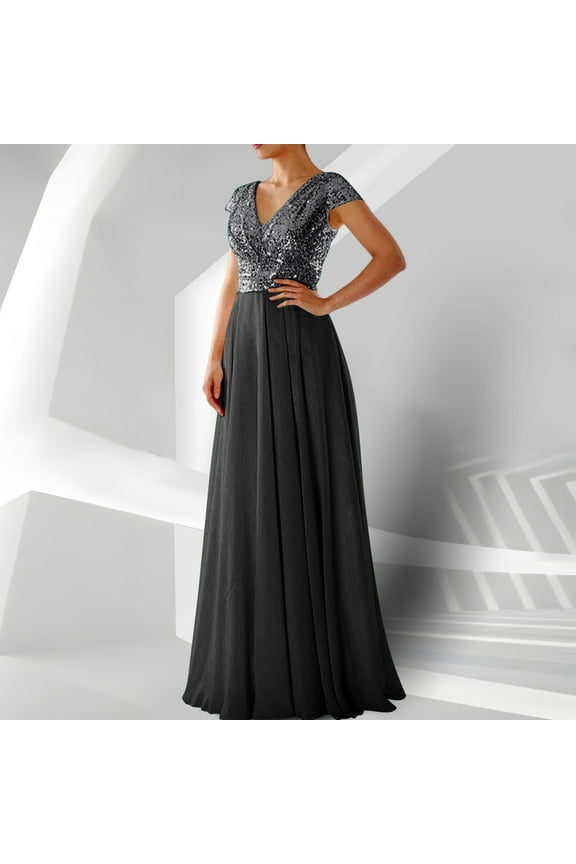 Maxi Dresses for Women Elegant Black Sequin Sleeveless Long Dress Party Dress V-Neck Chiffon Patchwork Floor Length Dress Flowy Bodycon Wrap Wedding Guest Dress Evening Prom