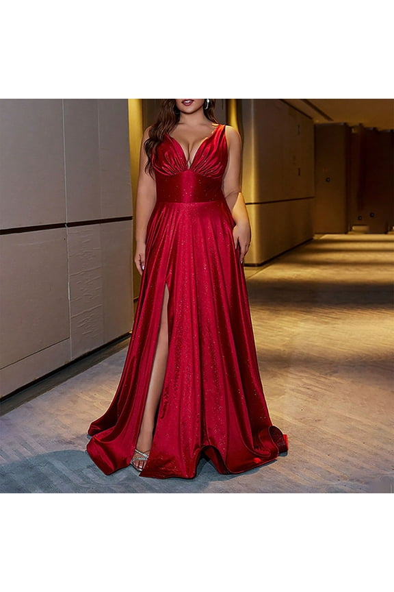 Maxi Dresses for Women Elegant Red Sleeveless A-Line Long Party Dress V-Neck Side High Split Floor Length Dress Flowy Bodycon Wrap Wedding Guest Dress with Train Evening Prom