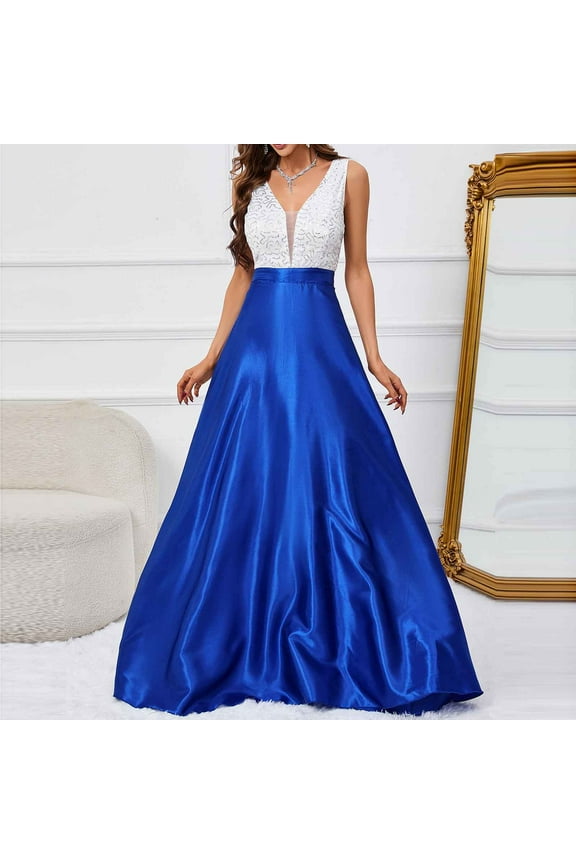 Maxi Dresses for Women Sleeveless Blue Elegant A-Line Long Party Dress V-Neck Color Block Floor Length Dress Flowy Homecoming Bodycon Wrap Wedding Guest Dress Evening Prom