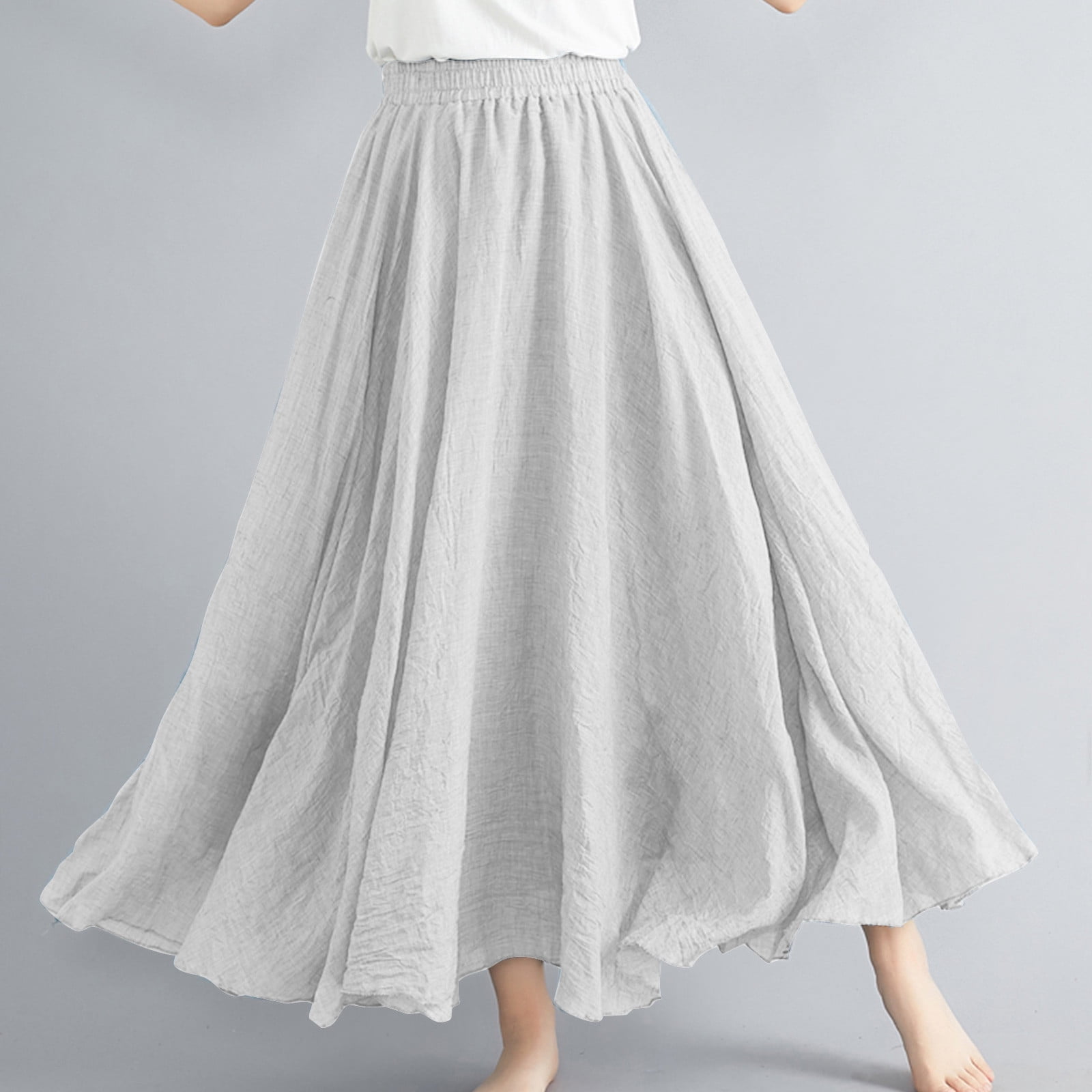 Cavosen Maxi Skirts for Women Dressy Long Ankle Length Skirts Linen Pleated Pencil Skirts Elastic Waist Plain Summer Skirts Oversized Dress Athletic Beachwear Resortwear Gray