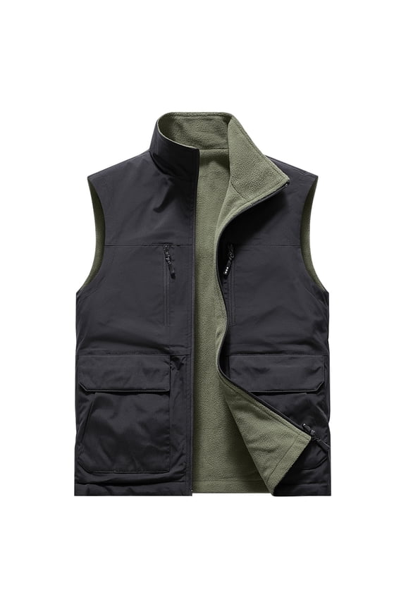 Men Fleece Vest Lightweight Sleeveless Stand Collar Outerwear Jacket Zipper Thermal Hood Coat Winter Travel Tops with Pocket