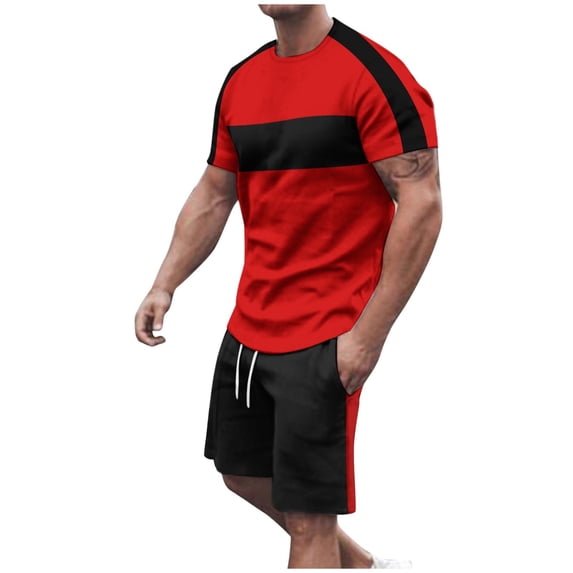 Cavosen Men Suits 2 Piece Big and Tall Short Sleeve Crewneck Shirt Shorts Color Block Lightweight Matching Sets