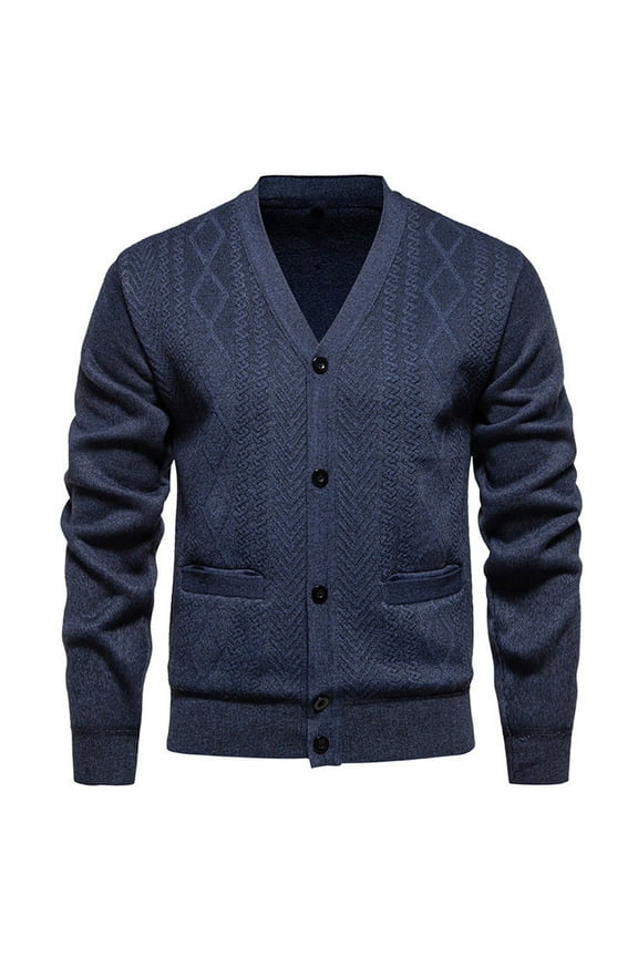 Men's Knit Cardigan Sweater Lapel Long Sleeve Button Down Coat with Pockets Solid Color Versatile Fall Clothes