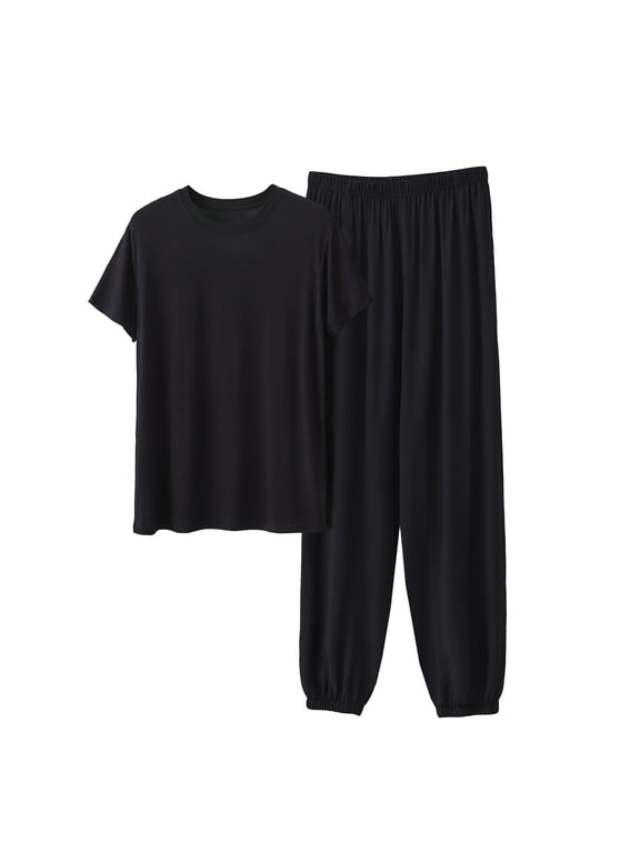 Men's Short Pajama Sets 2 Piece Casual Crewneck Short Sleeve Sleepwear with Jogger Pants Solid Breathable Loungewear Summer Soft Matching Set