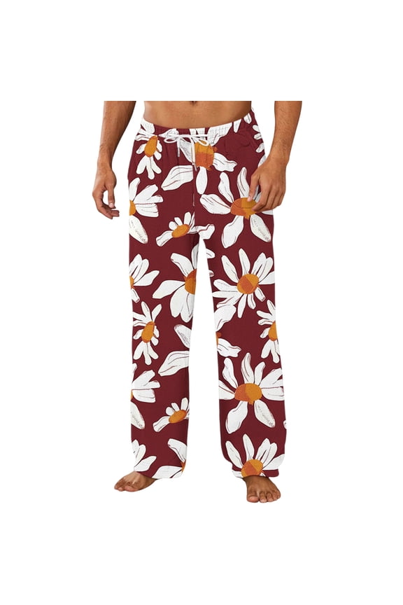 Men's Sports & Recreation Pants Christmas Slim Straight Leg Trousers with Pockets Flower Elastic Waist Bottoms Drawstring Thickened Windbreaker Casual Pants