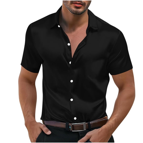 Mens Button up Shirt Button Down Short Sleeve Dress Shirt Stain Soft Classic Shirt Summer Solid Trendy Tops