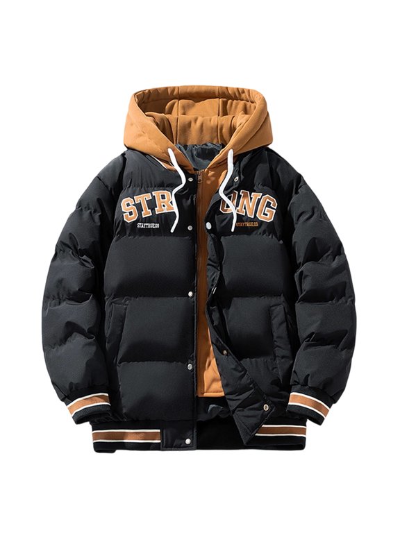 Mens Outdoor Winter Jacket Lightweight Zipper Long Sleeve Puffy Coat Hooded Padded Color Block Drawstring Tops Dressy Outerwear