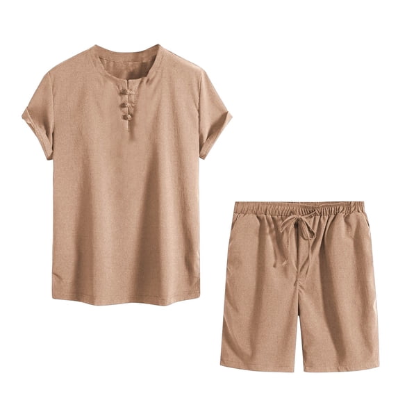 Cavosen Mens Suits for Summer 2PC Big and Tall Drawstring Short Sleeve V Neck Shirt Shorts Solid Beach Sets with Pockets