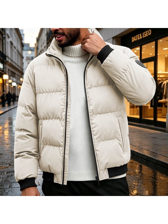 Mens Thick Padded Parka Winter Lightweight Zipper Quilted Long Sleeve Puffy Coat Insulated Loose Jacket Trendy Outerwear