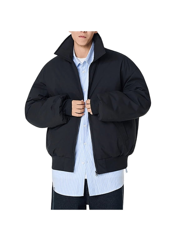 Mens Winter Jacket Lightweight Zipper Long Sleeve Puffy Coat Insulated Windproof Solid Tops Casual Outerwear with Pockets