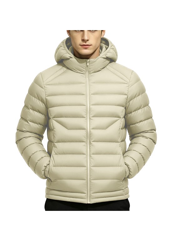 Mens Winter Padded Outerwear Lightweight Zipper Quilted Long Sleeve Puffy Coat Hooded Padded Windproof Solid Jacket Workout Outerwear