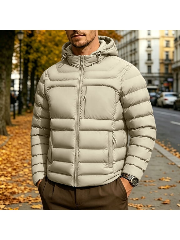 Mens Winter Parka Jacket Zipper Quilted Long Sleeve Puffy Coat Hooded Insulated Windproof Solid Tops Casual Outerwear with Pockets