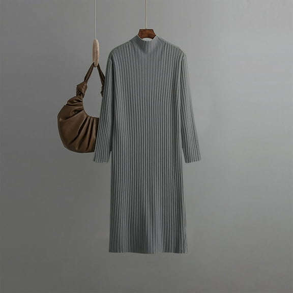 Cavosen Midi Dresses for Women Elegant Gray Knitted Long Sleeve Sweater Dress A-Line Crew Neck Knee Length Dress Solid Basic Pullover Warm Casual Dress Fall Winter Clothes