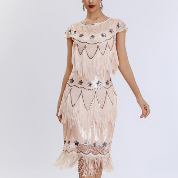 Cavosen Midi Dresses for Women Wedding Guest Pink Sequin Tassel Elegant Sleeveless 1920s Dress Crew Neck Glitter Fringe Knee Length Dress Flowy Sparkly Vintage Bodycon Wrap Party Dress
