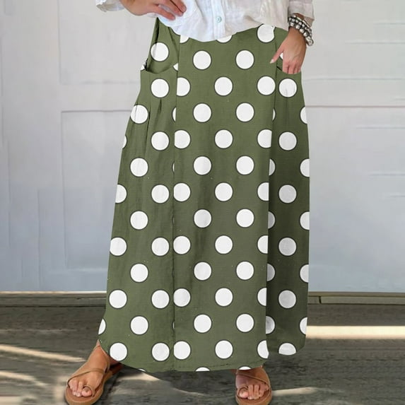 Cavosen Midi Skirt for Women Elastic Waist Polka Dots Print Casual Skirts Elegant Lightweight Flowy Trendy Calf Length Skirts with Pocket Work Loose Fall Winter Clothes Green