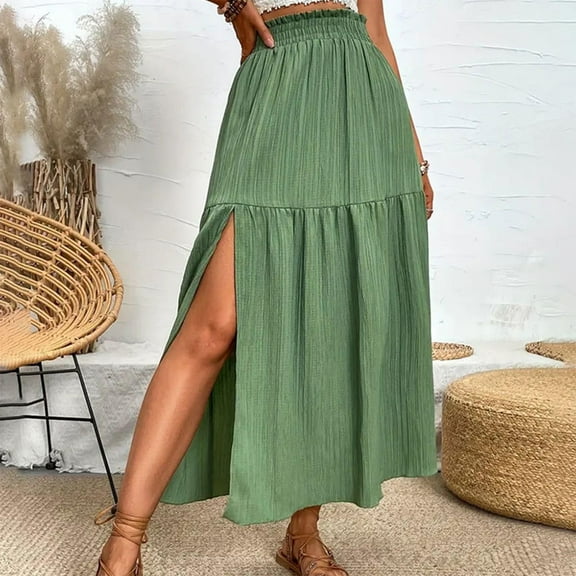 Cavosen Midi Skirt for Women Elastic Waist Solid Color Casual Skirts Side Split Lightweight Flowy Trendy Dressy Calf Length Skirts Vacation Work Comfort Fall Winter Clothes Green