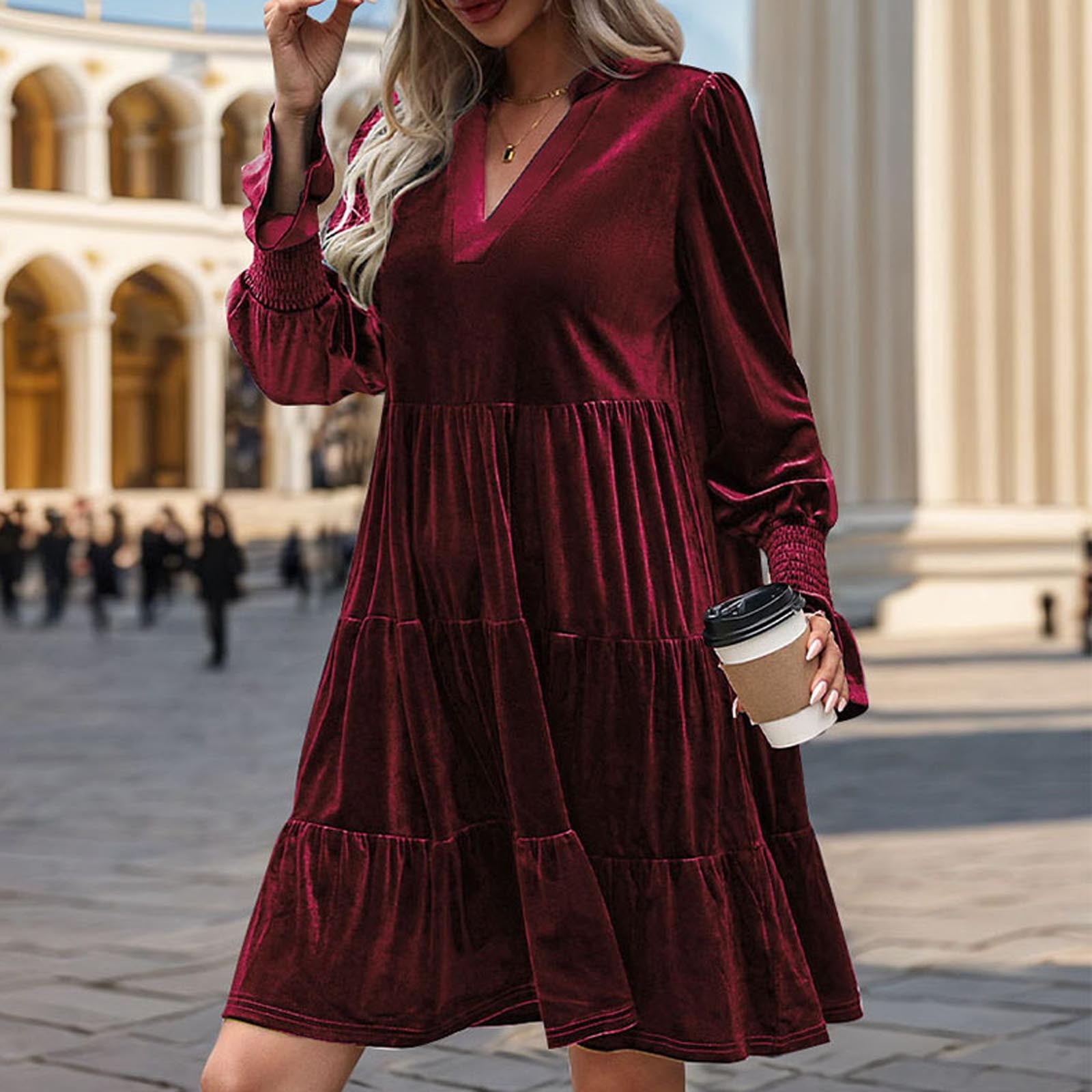 Cavosen Mini Dresses for Women Elegant Red Velvet Long Sleeve Trendy Dress  Cuffed V-Neck Knee Length Short Dress Solid Smocked Tiered Casual Dress  Fall Winter Clothes M - Walmart.com