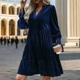 thumbnail image 1 of Cavosen Mini Dresses for Women Long Sleeve Blue Velvet Fashion Dress Cuffed V-Neck Knee Length Short Dress Solid Smocked Tiered Casual Dress Vacation Fall Winter Clothes L, 1 of 4