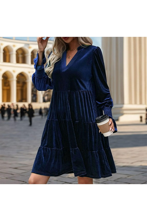 Mini Dresses for Women Long Sleeve Blue Velvet Fashion Dress Cuffed V-Neck Knee Length Short Dress Solid Smocked Tiered Casual Dress Vacation Fall Winter Clothes L
