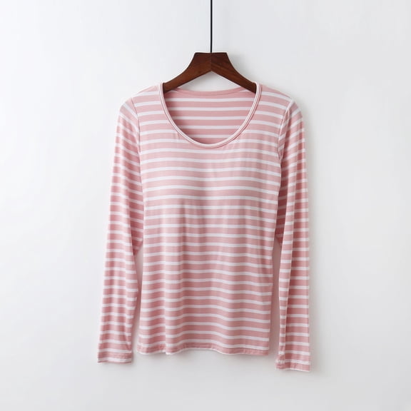 Cavosen Night Shirts for Women Long Sleeves with Built in Bra Striped Soft Tops Crewneck Pajama Shirts No Wire Padded Blouse Basic Comfy Undershirts Fall Winter Tee Pink 4XL