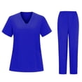 thumbnail image 1 of Cavosen Nurse Scrubs Set Women Blue 2 Piece Outfit with Pocket Stretch Soft Workwear Short Sleeve V-Neck Long Pants Nurse Uniform Solid Yoga Loungewear Comfortable Travel S, 1 of 5