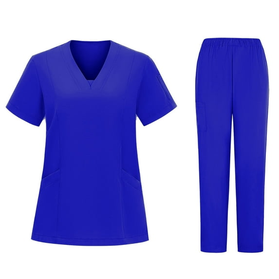 Cavosen Nurse Scrubs Set Women Blue 2 Piece Outfit with Pocket Stretch Soft Workwear Short Sleeve V-Neck Long Pants Nurse Uniform Solid Yoga Loungewear Comfortable Travel S