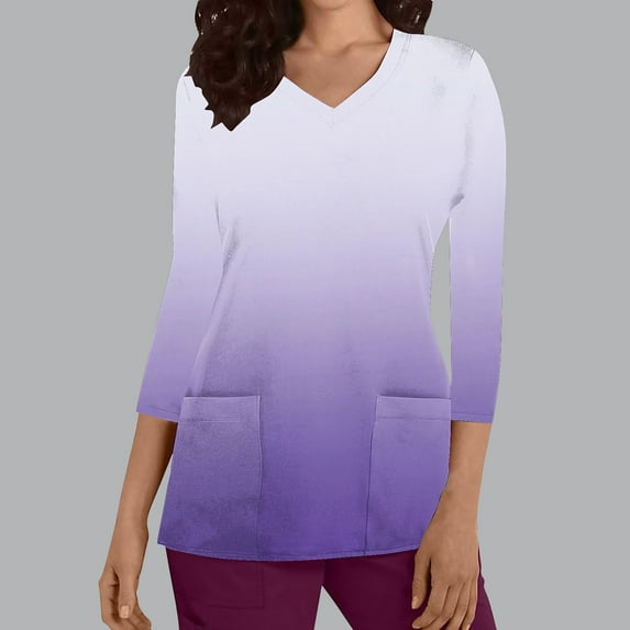 Cavosen Nursing Scrubs for Women Tops Purple 3/4 Sleeve V Neck Scrub Tops Stretchy Soft Xmas Gradient Workout Scrub Shirts with Pocket Lightweight Workwear Underscrub Tee S