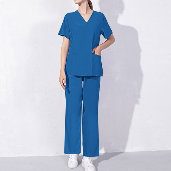 Cavosen Nursing Uniform Sets Scrub for Women Blue 2 Piece Outfit with Pocket Stretch Soft Workwear Short Sleeve V-Neck Long Pants Nurse Uniform Solid Loungewear Lightweight M