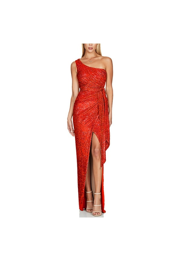 One Shoulder for Women Sequins Wrap Sleeveless Split Evening Gowns Maxi Wedding Guest Elegant Dress