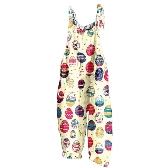 Cavosen Overalls for Women Easter Oversized Jumpsuits Wide Leg Long Overalls with Pocket Decorated Eggs Summer Cute Rompers