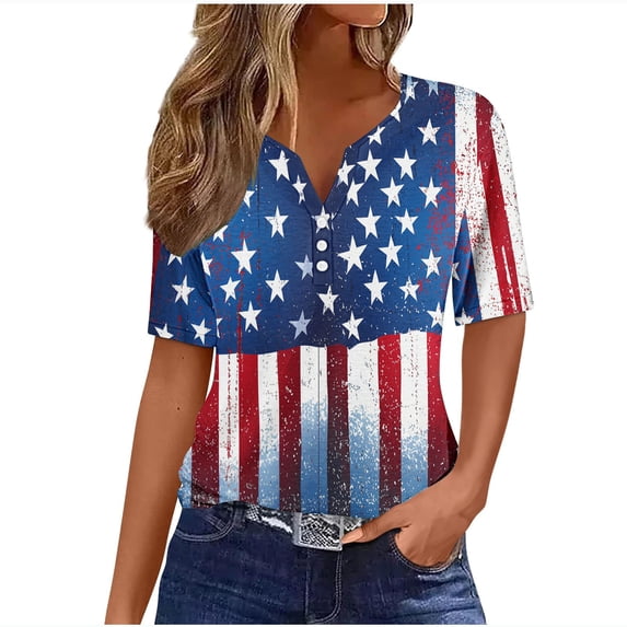 Cavosen Oversized Tops for Women V Neck Trendy Patriotic Tee Red White and Blue Button Down Graphic Shirt Summer Basic Tops