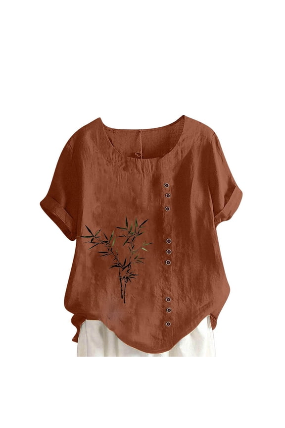 Oversized Tshirts for Women Floral Print Linen Button Down Crew Neck Short Sleeve Shirts Lightweight Blouse Breathable Vacation Tops