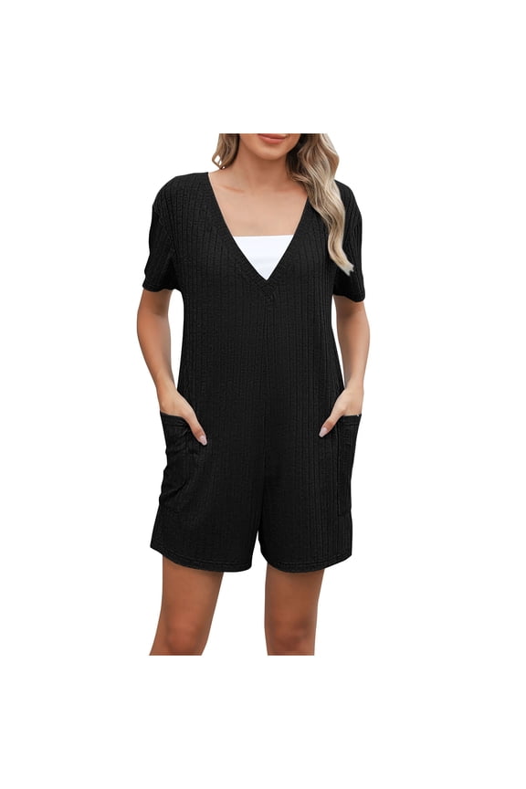 Oversized V Neck Short Sleeve Jumpsuits Short Overalls with Pocket Solid Lightweight Summer Workout Rompers