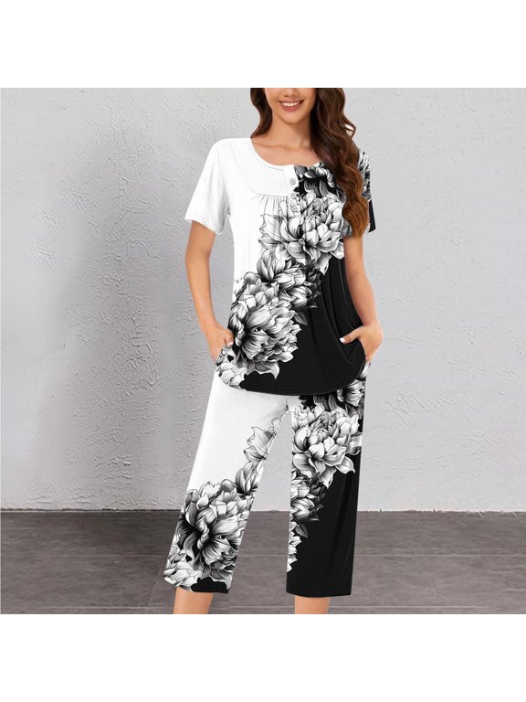 Pajama Pants for Women Capri with Pocket Button 2 Piece Outfit Sets Short Sleeve Sleepshirts Sleepwear Pleated Nightwear Lightweight Casual Homewear Fall Winter Clothes