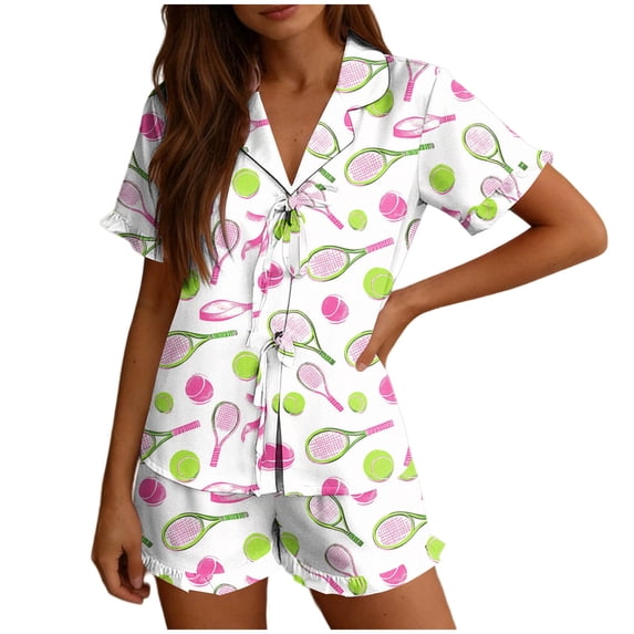 Cavosen Pajama Sets for Women 2 Piece 2 Piece Trendy Short Sleeve Button Down Loungewear with Shorts Tennis Print Soft Ruffle Belt Matching Set Summer Breathable Sleepwear