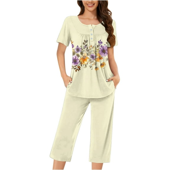 Cavosen Pajama Sets for Women 2 Piece Button Front Pleated Soft Sleepwear Short Sleeve Round Neck Pullover Shirts Capri Nightwear Floral Print Loungewear with Pocket Beige L